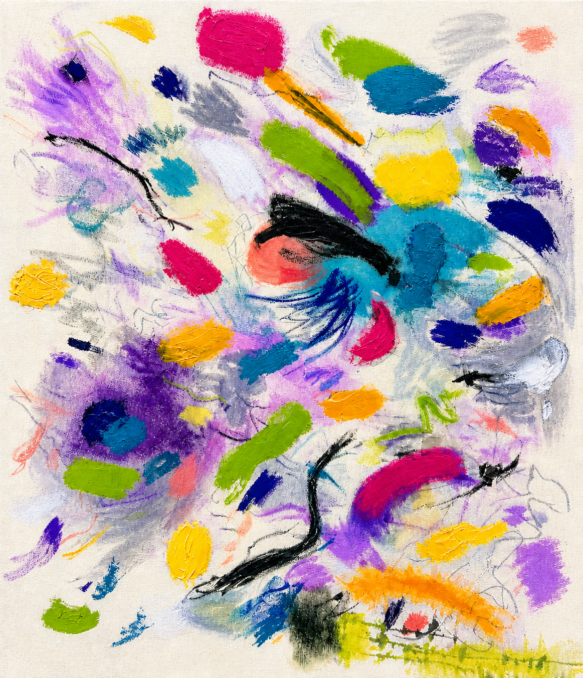Trazos gestuales fucsias, azules, verdes y amarillos inspirados en una pintura de Paulina para Mapa interior